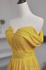 Yellow Chiffon Long A-Line Prom Dress, Simple Yellow Evening Dress with Slit
