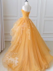 Orange Tulle Lace Long High Low Prom Dress, A-Line Strapless Evening Dress