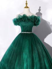 Green Off Shoulder Tulle Formal Dress, A-Line Long Prom Dress