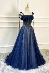 Blue Long Tulle Beaded Prom Dress, Blue Evening Party Dress