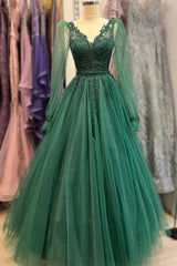 Green V-Neck Tulle Long Prom Dresses, A-Line Long Sleeve Evening Dresses