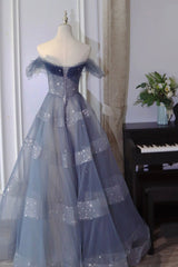 A-Line Off Shoulder Layers Tulle Long Evening Dress, Blue Formal Dress