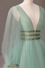 Green V-Neck Tulle Long Prom Dress, Long Sleeve Evening Dress