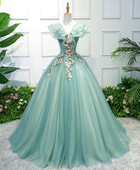 Green V Neck Tulle Long Prom Dress, Green Evening Dress