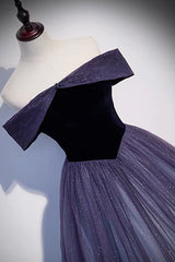 Purple Velvet Tulle Long Prom Dresses, A-Line Off the Shhouler Evening Dresses