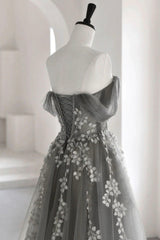 Gray Tulle Lace Long Prom Dress, A-Line Off the Shoulder Evening Dress