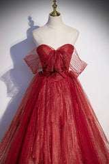 Burgundy Sweetheart Neckline Tulle Long Prom Dress, A-Line Evening Dress