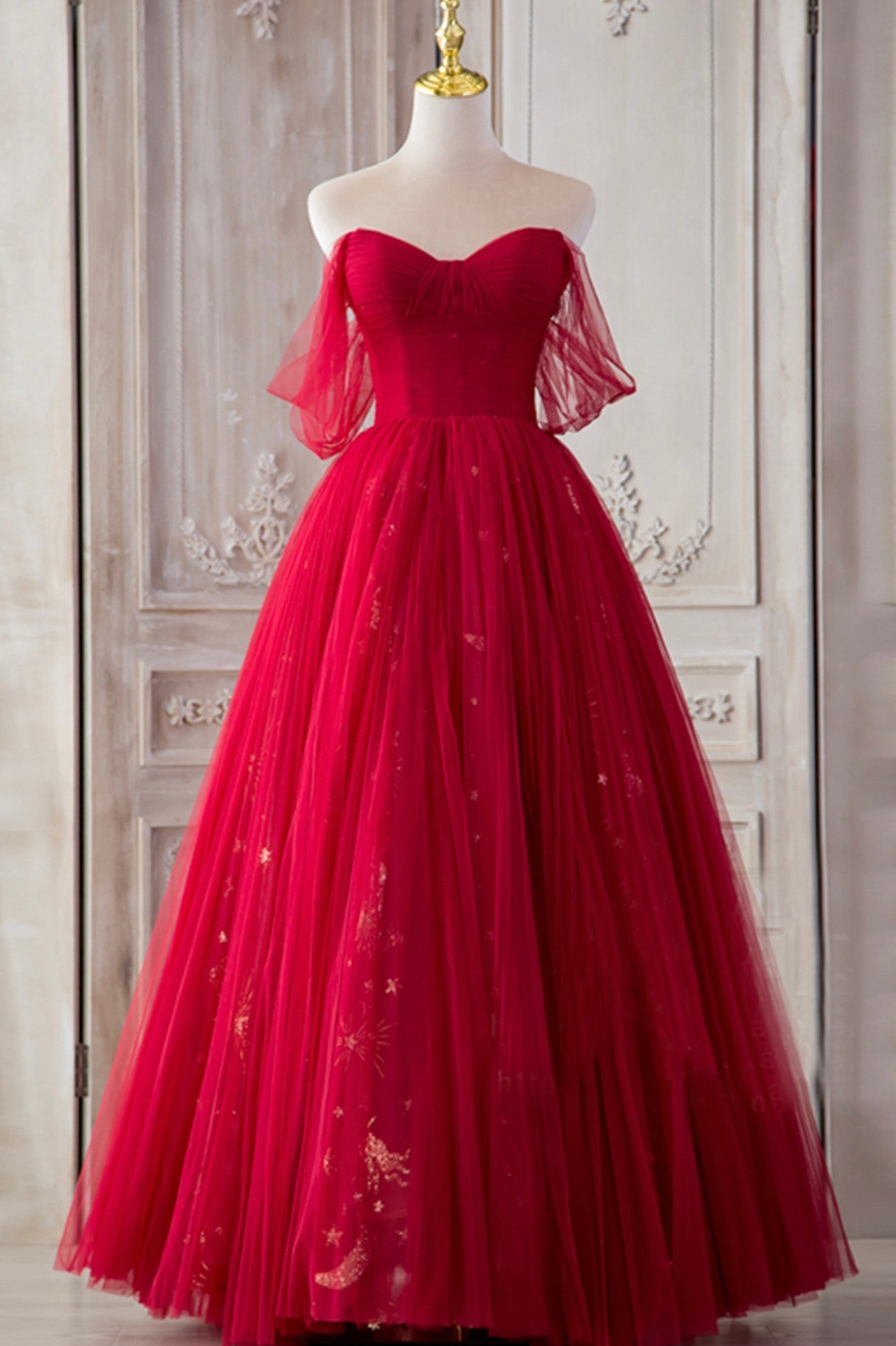 Red Tulle Long Prom Dresses, A-Line Off the Shoulder Formal Dresses