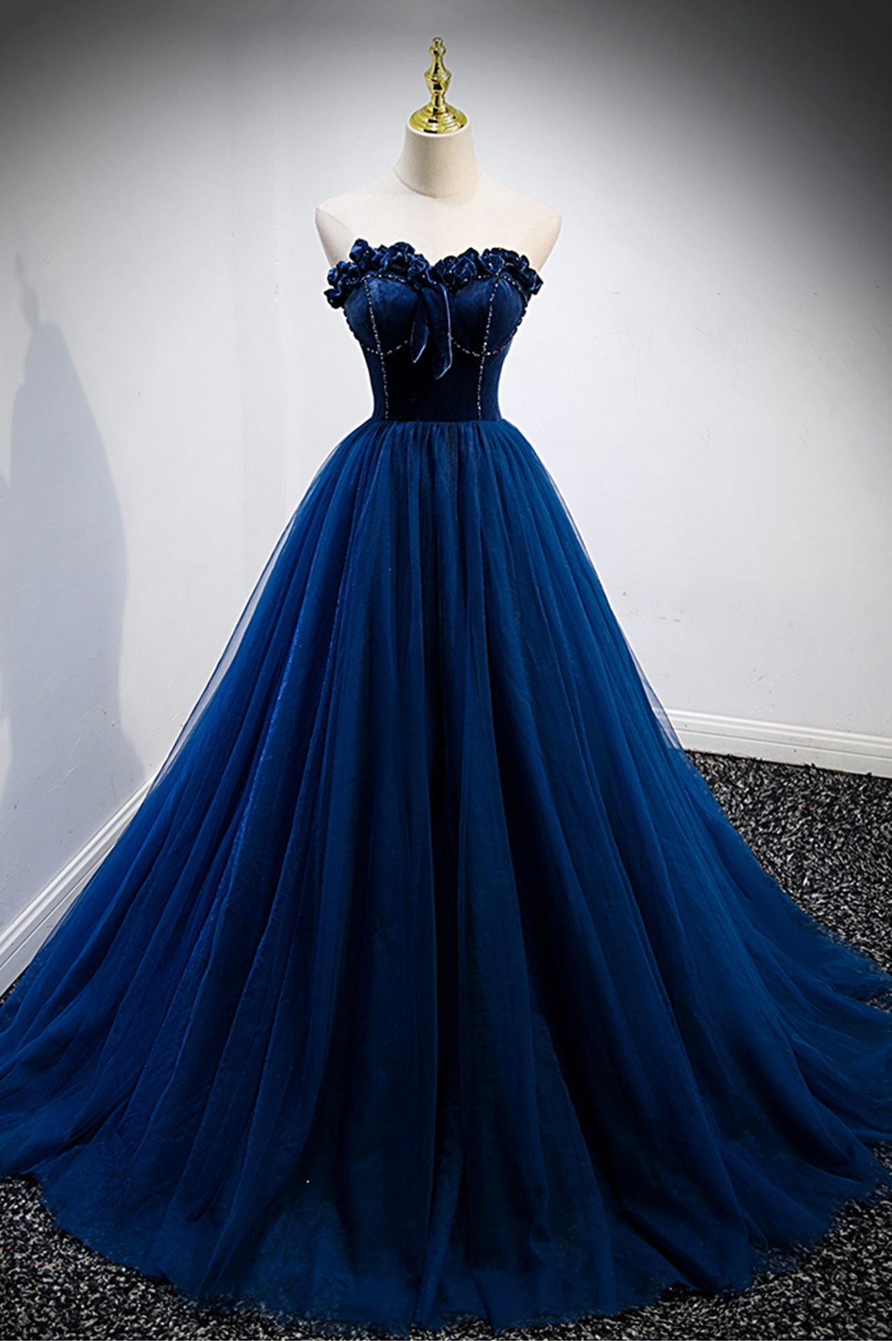 Blue Velvet Tulle Long Prom Dresses, A-Line Strapless Evening Dresses