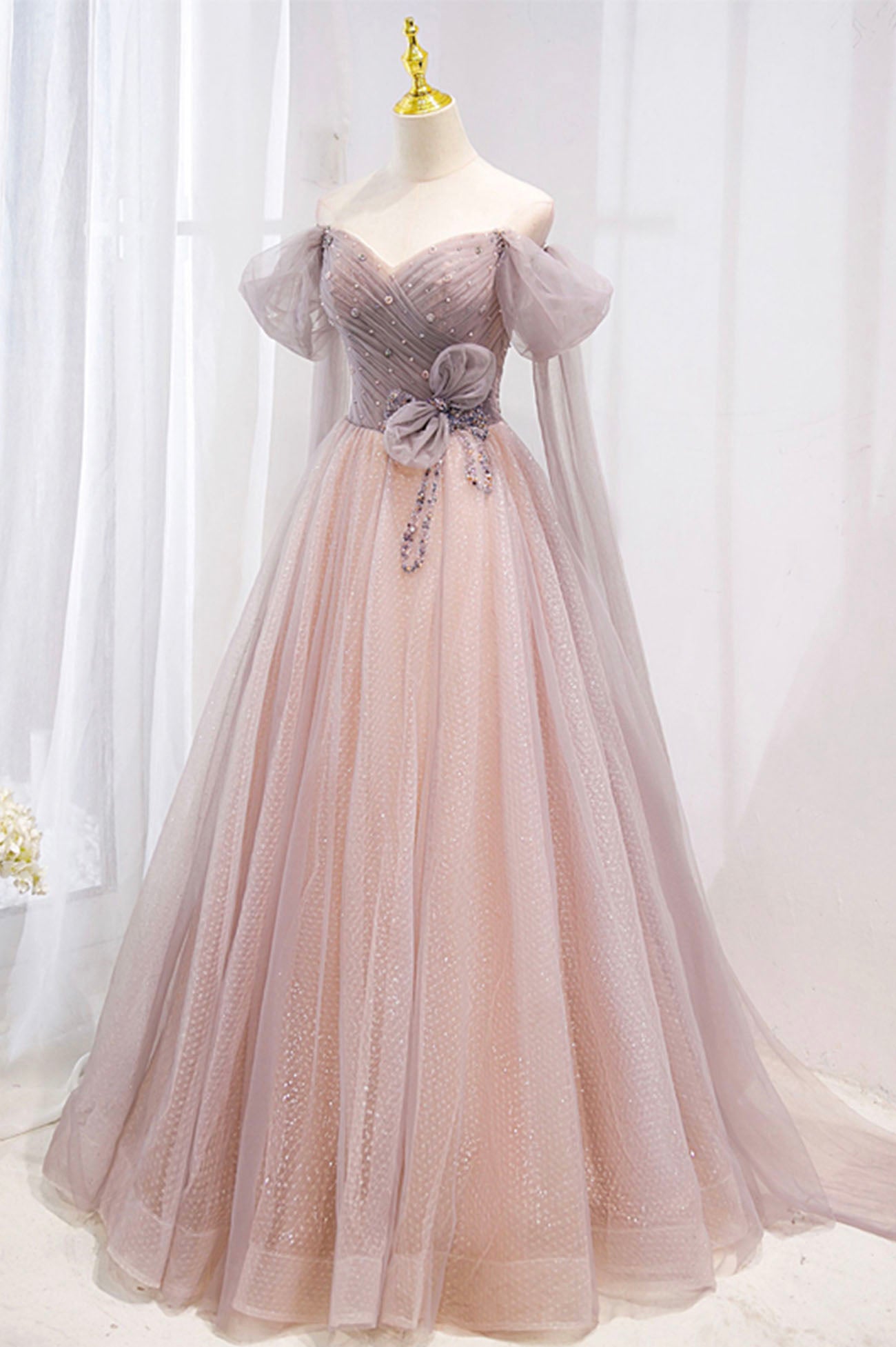 Pink Tulle Beaded Long Prom Dress, Off the Shoulder Evening Dress