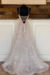 A-Line Tulle Sequins Long Prom Dresses, Spaghetti Straps V-Neck Evening Dresses