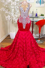 Charming Long Mermaid Jewel Satin Beading Prom Dress Red Formal Gowns