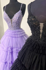 Plunging V-Neck Straps Appliques Layered Prom Dress