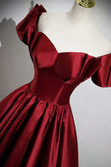 A-Line Burgundy Satin Floor Length Prom Dress, Off the Shoulder New Party Dress