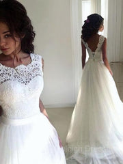 A-Line/Princess Bateau Sweep Train Tulle Wedding Dresses With Belt/Sash