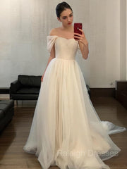 A-line/Princess Off-the Shoulder Sweep Train Tulle Wedding Dresses