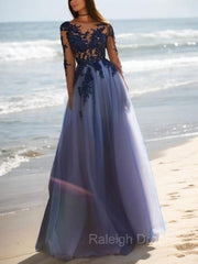 A-Line/Princess Scoop Floor-Length Tulle Evening Dresses With Appliques Lace