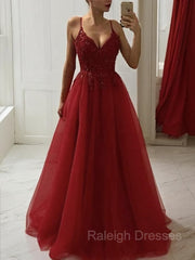 A-Line/Princess Spaghetti Straps Floor-Length Tulle Prom Dresses With Appliques Lace