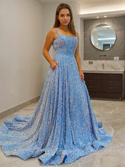 A-Line/Princess Straps Court Train Train Velvet Sequins Prom Vestidos con bolsillos