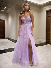 A-Line/Princess V-neck Floor-Length Tulle Prom Dresses With Leg Slit