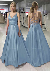 A Line Princess V Neck Sleeveless Satin Long Floor Length Prom Dress