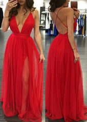 A Line Princess V Neck Sleeveless Sweep Train Tulle Prom Dress