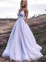 A-Line/Princess V-neck Sweep Train Prom Dresses With Pockets