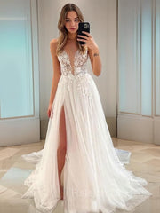 A-line/Princess Vine Disk Train Tulle Wedding Dresses con fessura delle gambe