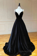 A Line V Neck Backless Black Velvet Long Prom Dresses, V Neck Black Formal Dresses, Black Velvet Evening Dresses