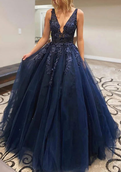 A-line V Neck Long/Floor-Length Lace Tulle Prom Dress With Appliqued –  Raleigh Dresses