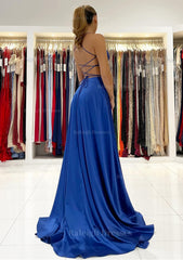 A Line V Neck Sleeveless Charmeuse Sweep Train Prom Dresses With Split