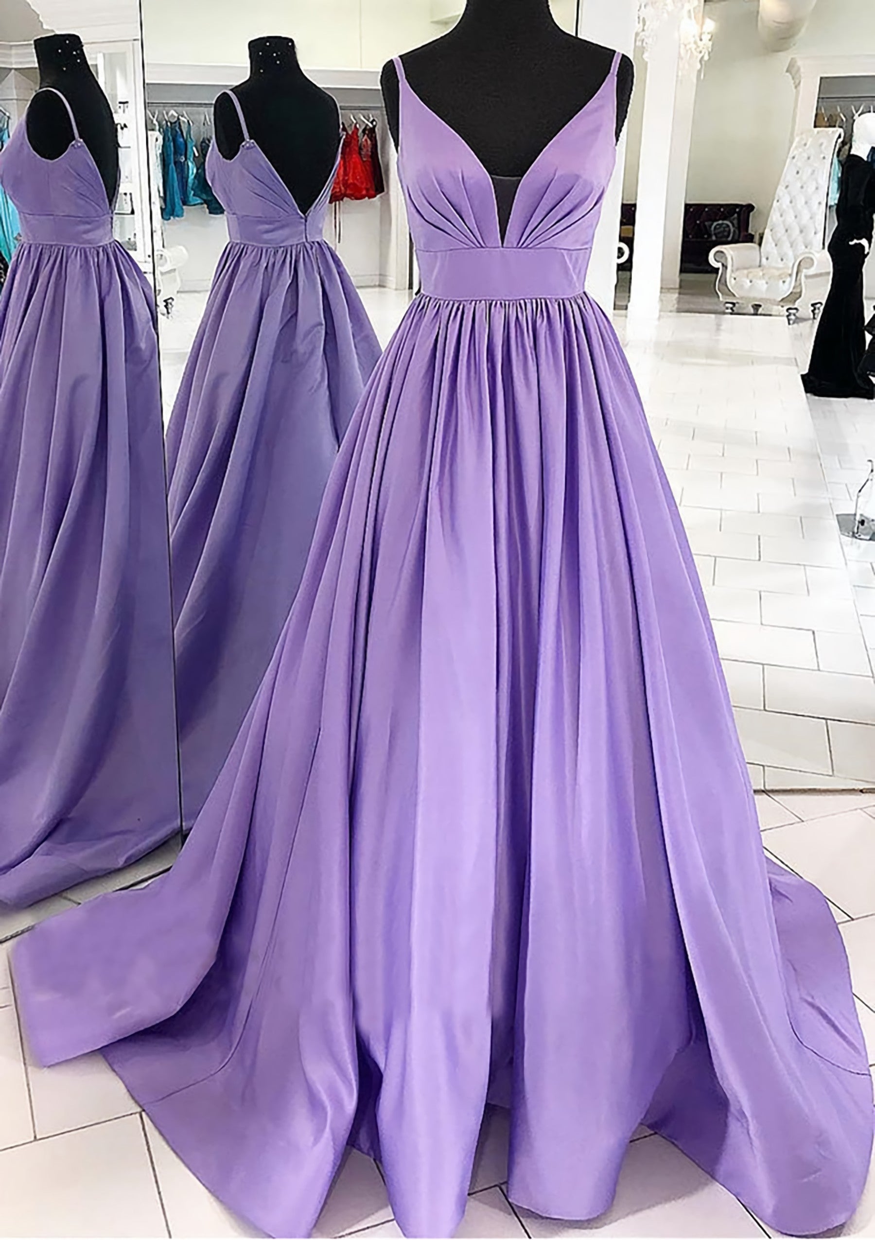 A Line V Neck Sleeveless Satin Sweep Train Prom Dress With Pleated