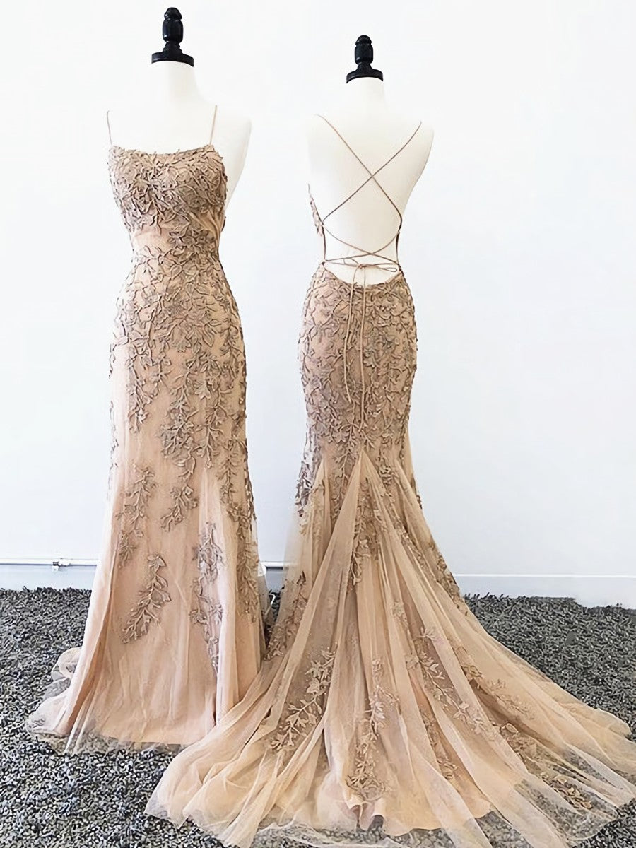 Backless Mermaid Champagne Lace Prom Dress, Champagne Backless Mermaid Lace Formal Dress