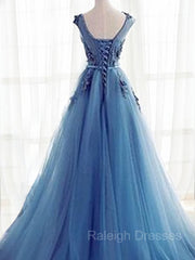 Ball Gown Jewel Sweep Train Tulle Evening Dresses With Appliques Lace