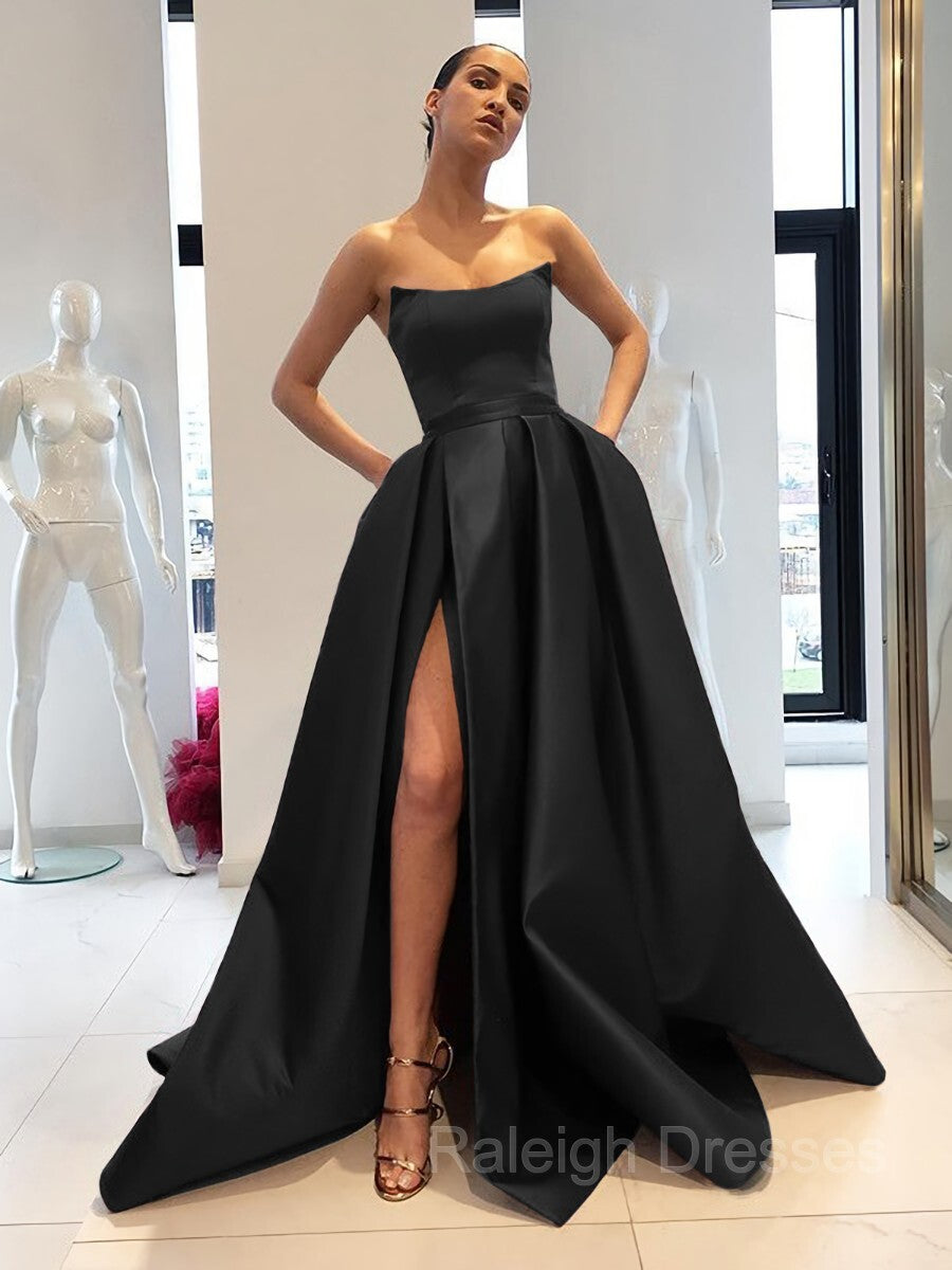 Ball Gown Strapless Sweep Train Satin Prom Dresses With Leg Slit ...