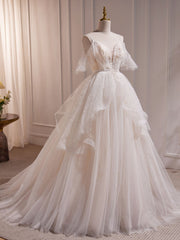 Beige A-line Tulle Beading Long Prom Dress, Beige Formal Dress