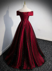 Black and Red Satin Off Shoulder Long Junior Prom Dress, A-line Satin Party Dress