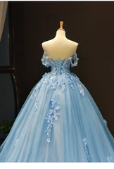 Blue Sweetheart Off Shoulder with Lace Applique Party Dress, Blue Sweet 16 Dress