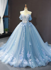 Blue Sweetheart Off Shoulder with Lace Applique Party Dress, Blue Sweet 16 Dress