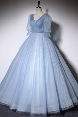 Blue V-Neck Tulle Long Prom Dress, A-Line Formal Evening Dress