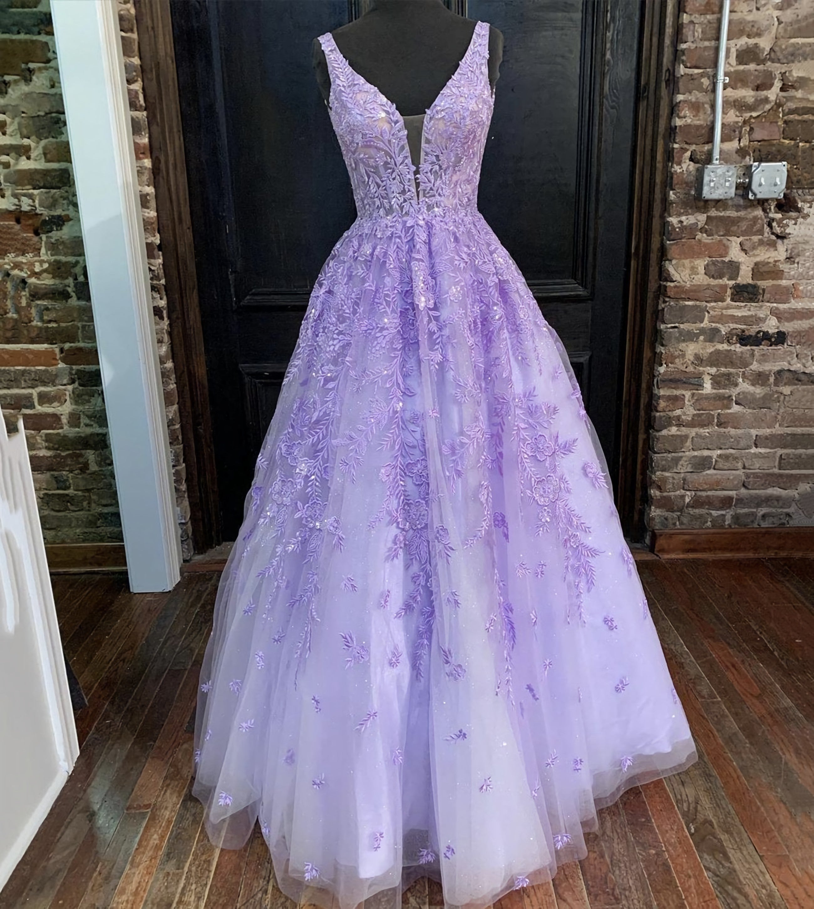 Purple Lace Long A Line Prom Dress, Evening Dress