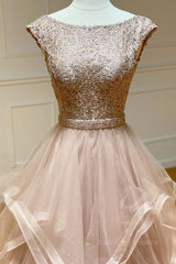 Champagne round neck tulle lace long prom dress evening dress