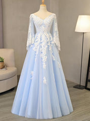 Charming Light Blue Tulle V-neckline Long Party Dress, Prom Dress