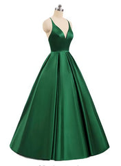 Charming Satin Cross Back Deep V-neckline Long Party Dress, Floor Length Evening Dress