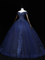 Dark Blue Off Shoulder Tulle Lace Long Prom Gown, Blue Sweet 16 Dress With Beading Sequin