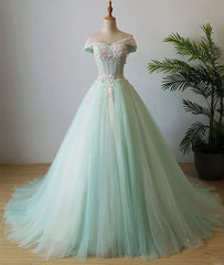 Elegant Off Shoulder Light Green Tulle Sweet 16 Dress, Long Formal Gown