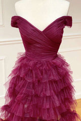 Off the Shoulder Burgundy Pleated Sheer Tiered Prom Dress