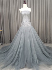 Gray Tulle Beads Long Prom Dress Gray Tulle Formal Evening Graduation Dresses