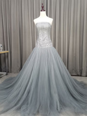 Gray Tulle Beads Long Prom Dress Gray Tulle Formal Evening Graduation Dresses