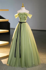 Green Off-Shoulder Tulle Long Formal Dress, A-Line Evening Dress